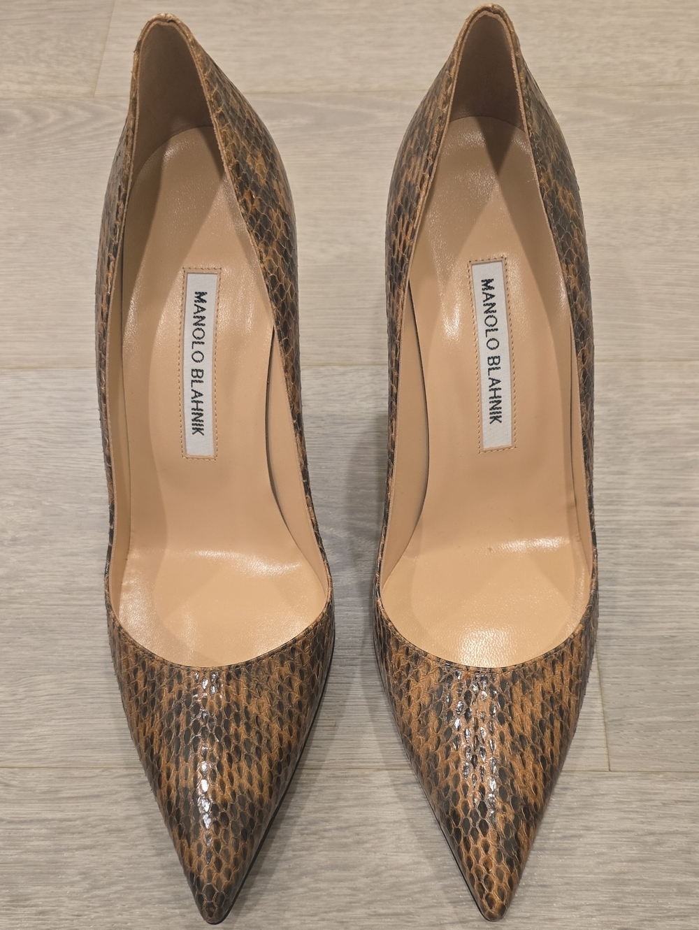 Manolo Blahnik Tan and Brown Snake-Print Pointed-Toe Pumps - Picture 1 of 3
